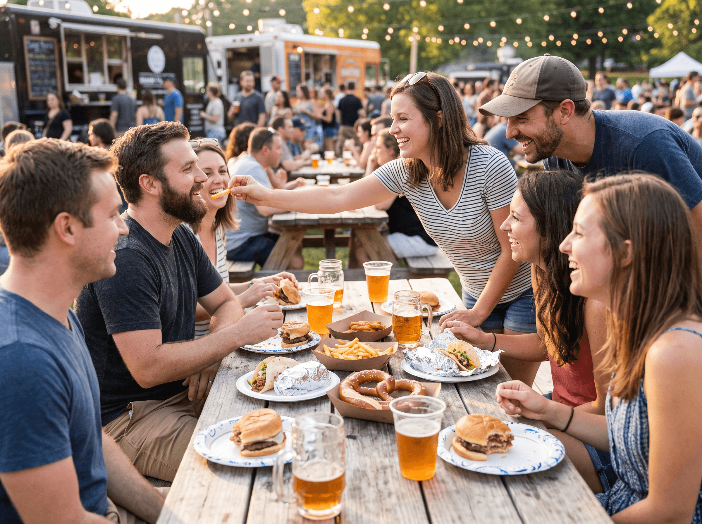 Group sharing food and beer at an outdoor wooden picnic table